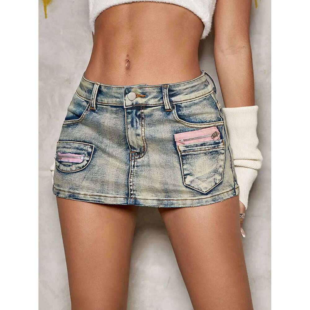 Summer Trend Female Fashion Shorts Zip Detail Colorblock Patched Pocket Mini Mid Waist Denim Skort Chic VintageVersatile Style XJ260305