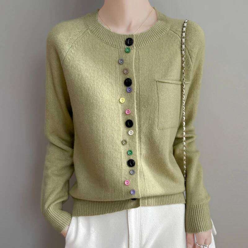 Women Merino Wool Cardigan Round Collar Sweater Coat Color Buckles Clothing Autumn Winter Long Sleeve Knitwear Bottoming Tops XJ260305