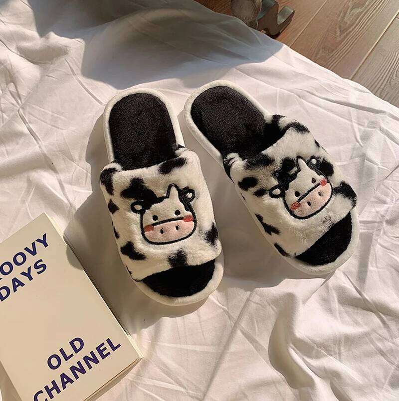 Kidmi Indoor for Women Fashionable Cute Cartoon Plush Cow Cotton Slippers Autumn and Winter Student Light Slides