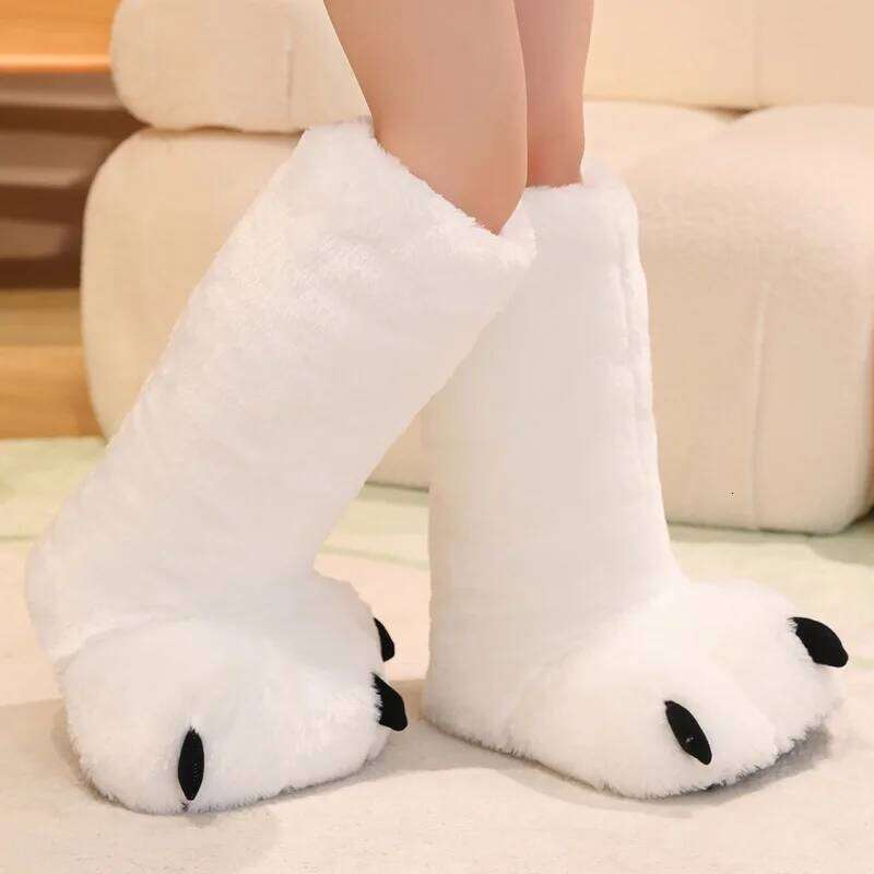 Cute Cartoon Paw Faux Fur Woman Winter Home Floor Fluffy Slippers Soft Plush Girls Indoor Snow Boots Funny Party Shoes