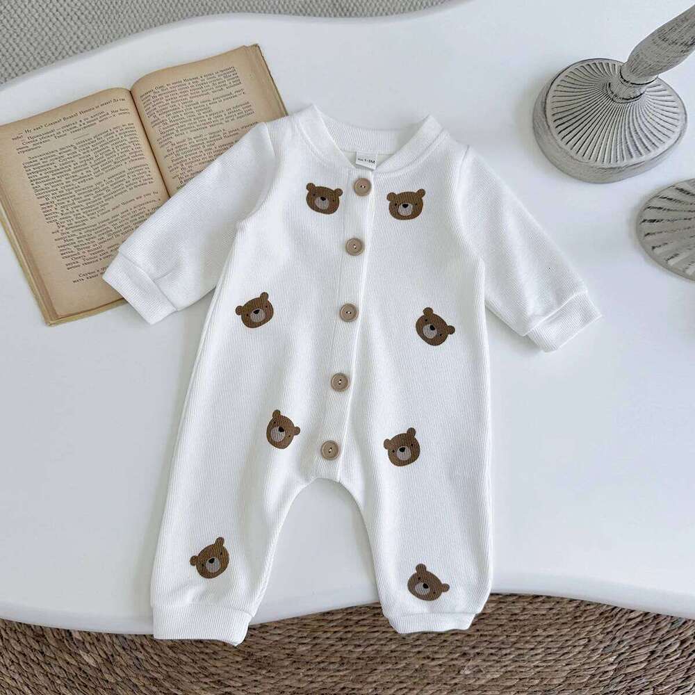 New White Bear Printed Long Sleeved Pants Cute Newborns Romper Autumn Baby Girls Jumpsuit Soft Z260304