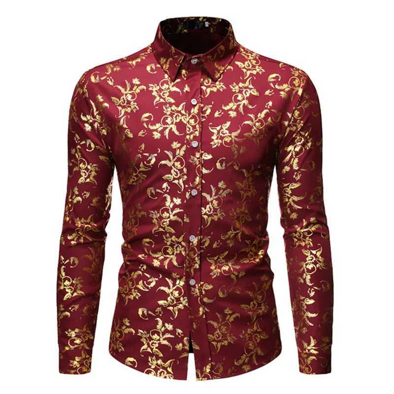 Long Sleeve Hawaiian Shirts Golden Floral Shirts Men Fashion Shirt Casual Beach Blouse Bussiness Camisa Mens Clothing Button Up M260305