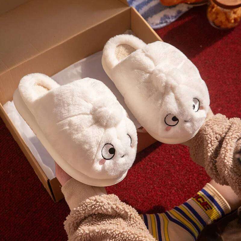 Cute Cartoon Fluffy Slippers For Women Men Autumn Winter House Shoes Warm Plush Anti-slip Furry Fries Couples Home Cotton Slides