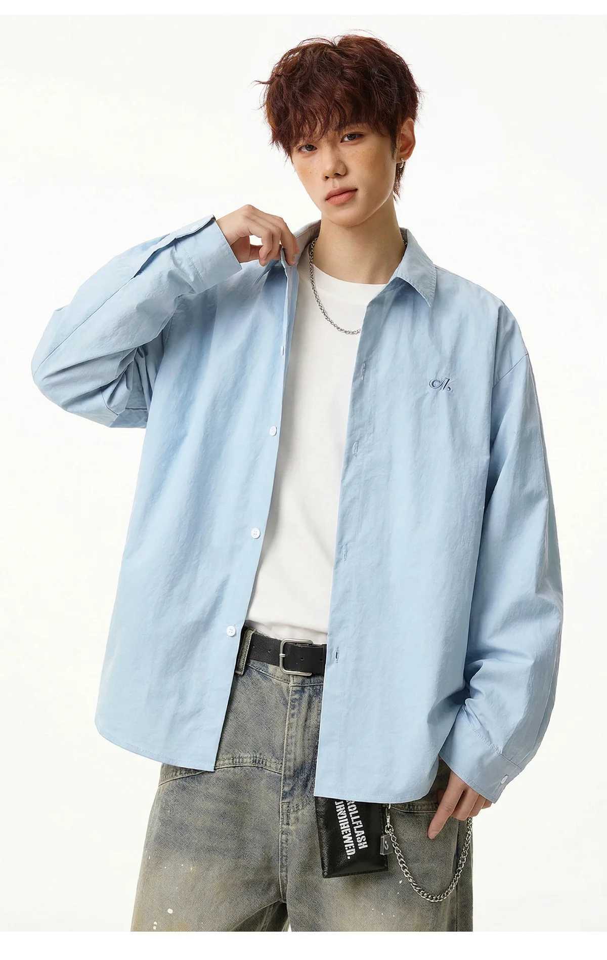 Pleated Long-Sleeved Shirt for Men Solid-Coloured Loose-Fit Shirt Jacket Soft and Versatile Outerwear Shirt M260305