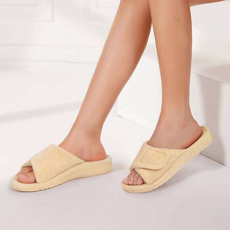 Kidmi New Women's Coral Fleece Orthopedic Slippers with Arch Support Velcro Adjustable Open Toe Home Shoes for Plantar Fasciitis