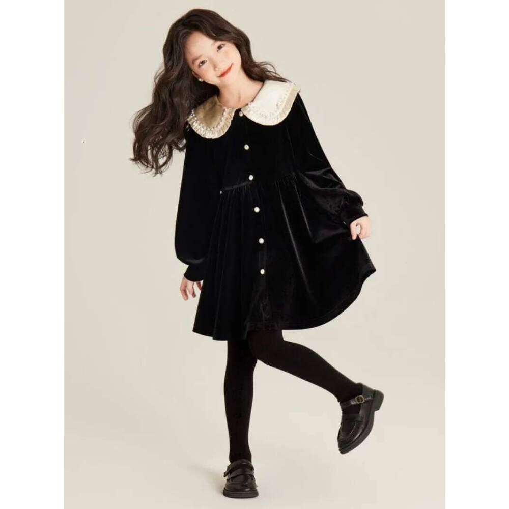 Girls' Autumn/Winter High-end Fleece-lined Velvet Elegant Black Princess Gown Dress - 4-12 Years Old Z260304