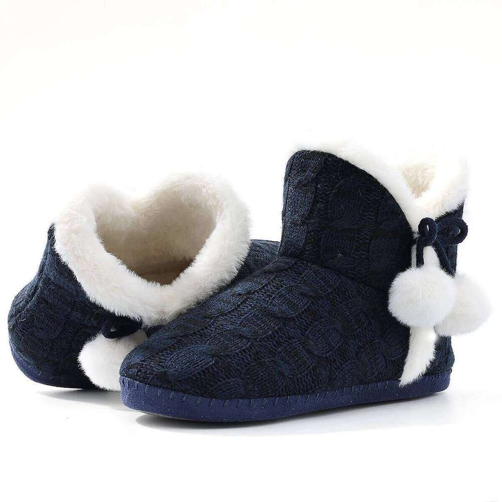 KIdmi Fuzzy Winter Women Knitted Ankle Slippers Warm House Cotton Shoes Outdoor Indoor Plush Lining Boots
