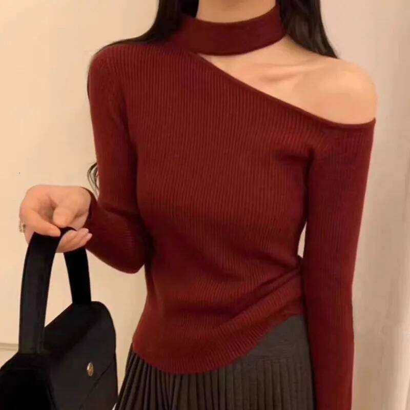 Autumn Korean Style Women Pullover Tops Off Shoulder Long Sleeve Knitted Sweaters Female Jumpers Solid Basic Sweater XJ260305