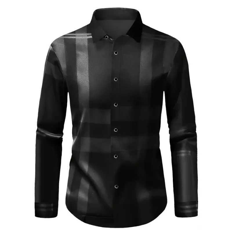 2025 Brand New Mens Shirt Fashion Elastic Plaid Long Sleeve Male Shirts M260305