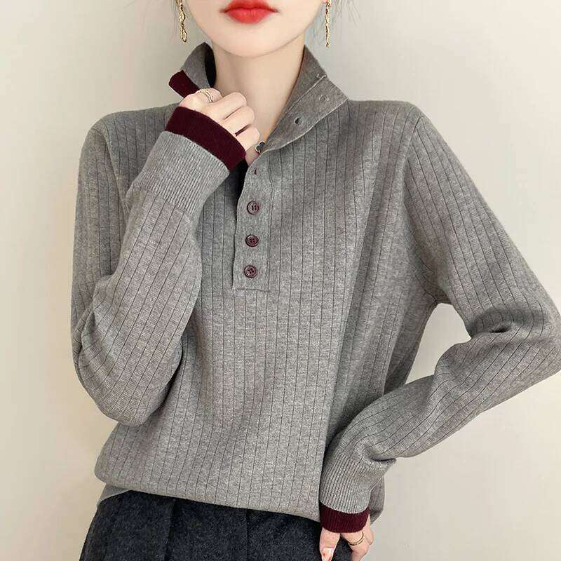Women Vintage Long Sleeve Sweaters Autumn/Winter Buttons Turtleneck Pullover Fashion Trends Soft and Comfortable Knitwear Tops XJ260305