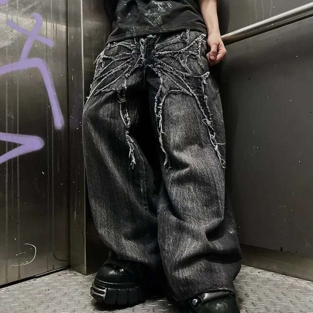 Men's Jeans Y2K Baggy Vintage Splicing Embroidery Pattern High Quality Hip Hop Gothic Streetwear Men Women Casual Wide Leg Jeans Home Casual Men&