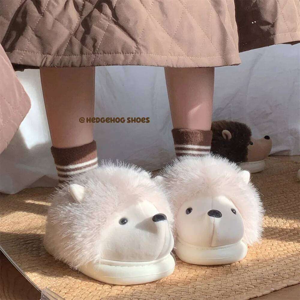 New Cute Cartoon Fluffy Slippers For Woman Winter Warm Shoes Funny Hedgehog Anti-slip Soft Plush Girls Indoor Home Floor Slides