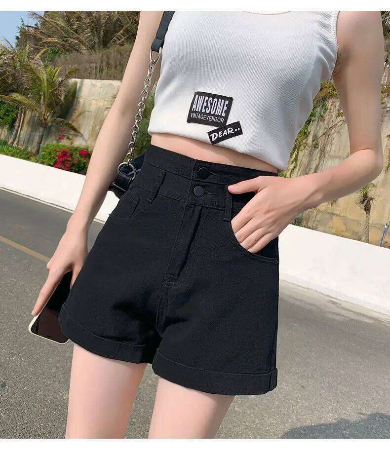 High Waist Denim Women Shorts Jean Spliced Loose Fit Pockets Washed Zipper Fly Solid Buttons Casual 2025 Distressed XJ260305