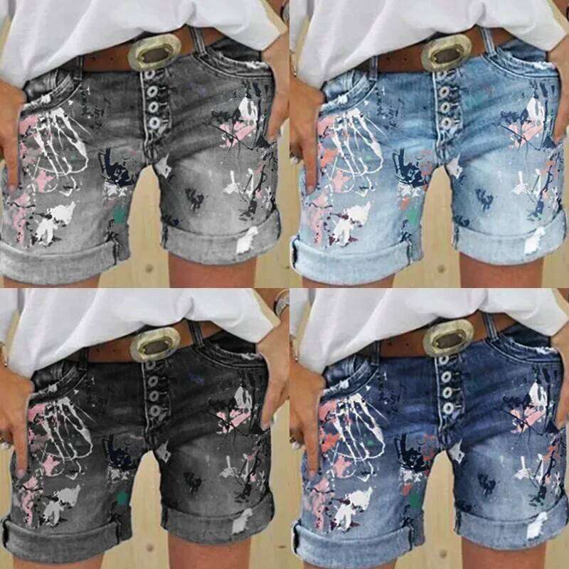 Women Denim Shorts Summer Elastic Single-breasted Print Casual Lady New Fashion Street Sweet Skinny Jeans Pants XJ260305