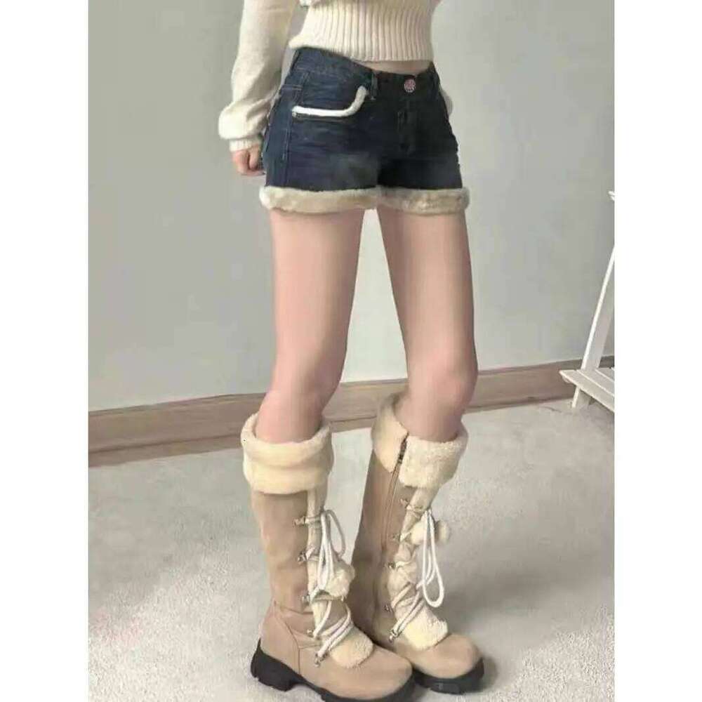 Y2k Spice Girls Washed Retro Plush Fluff Splicing Jeans Shorts Women's Straight Skinny Wide Legs Hot Pants XJ260305