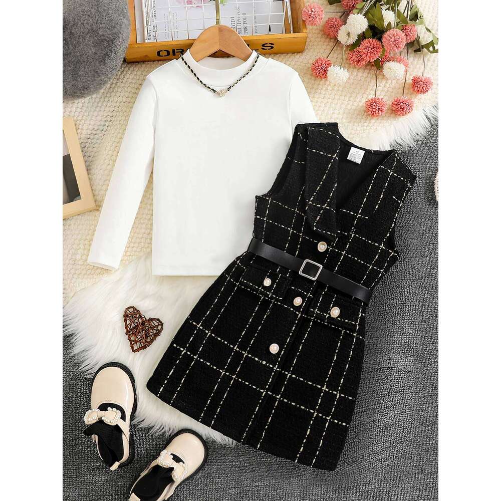 Spring and autumn Fashion Kids 2-piece ceremonial dress for cute girls Solid color crew neck shirt + plaid lapel skirt suit Z260304