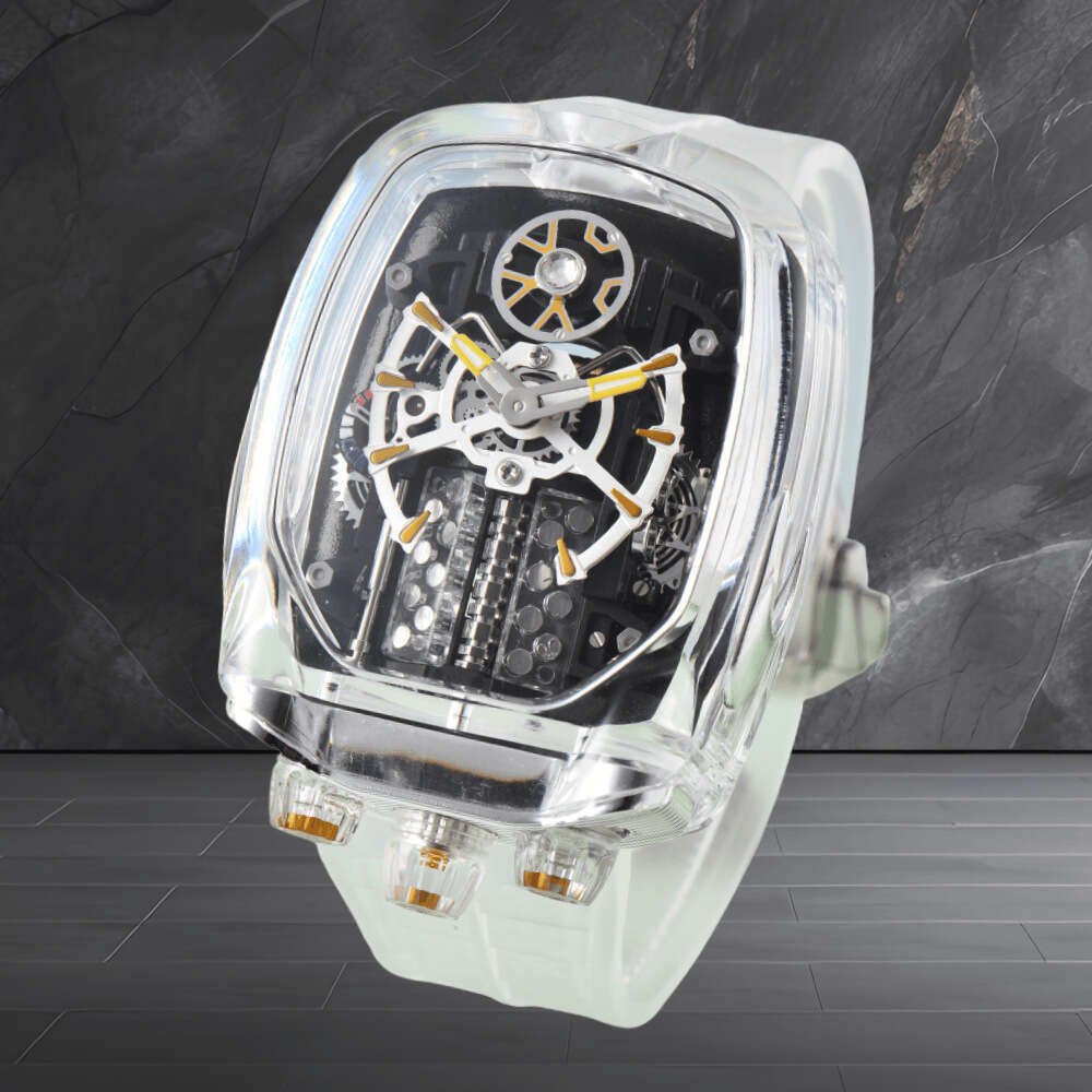 Men Transparent Skeleton Automatic Designer Watch 16 Cylinder Engine Dial Waterproof Casual Luxury Wristwatch