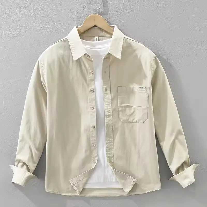 2026 Spring Autumn New Simple Cargo 100 Cotton Long Sleeve Shirt for Men Clothing Solid Color Turn-down Collar Versatile M260305