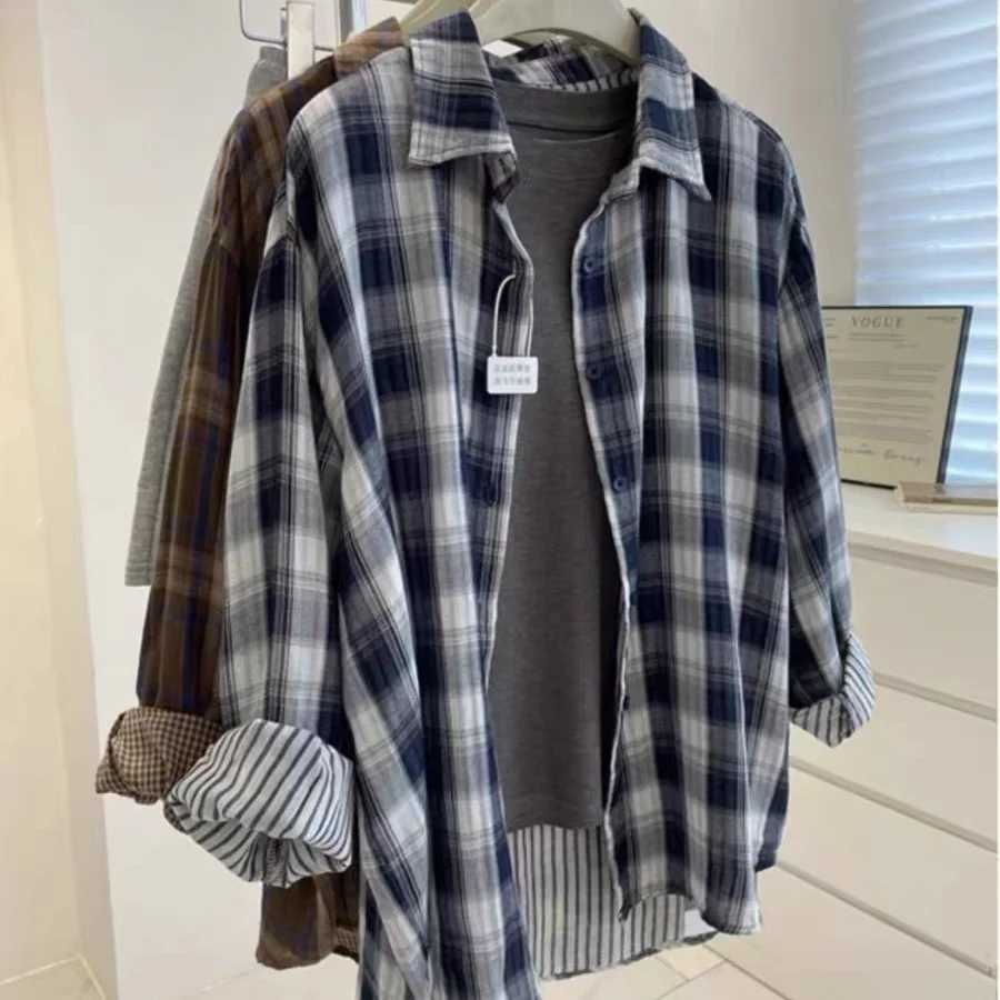 Casual Retro Plaid Long Sleeved Shirt French Lazy Style Autumn Loose Versatile Cardigan Fashionable Lapel Single Breasted Blouse M260305