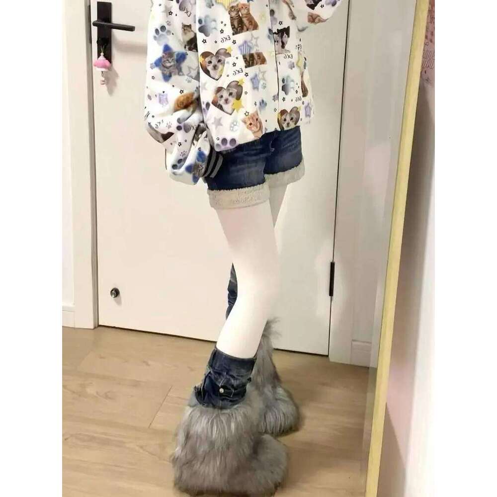 Y2k Spice Girls Washed Retro Plush Fluff Splicing Jeans Shorts Women's Straight Skinny Wide Legs Hot Pants XJ260305