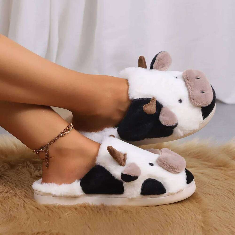 New 2025 Winter Unisex Cartoon Cow Warm Plush Slippers Couples Indoor Non-slip House Slides Men Women Home Floor Cotton Shoes