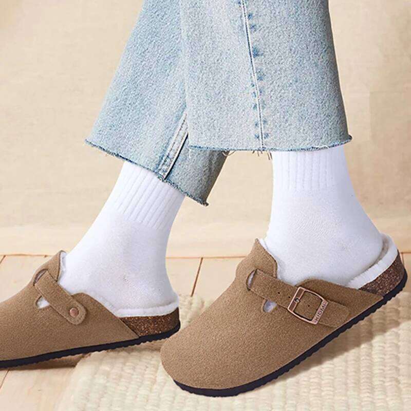 Kidmi Women's Slippers with Adjustable Metal Buckle Fashion Fur Lined Suede Clogs Cork Footbed Mules Slip On Winter Potato Shoes