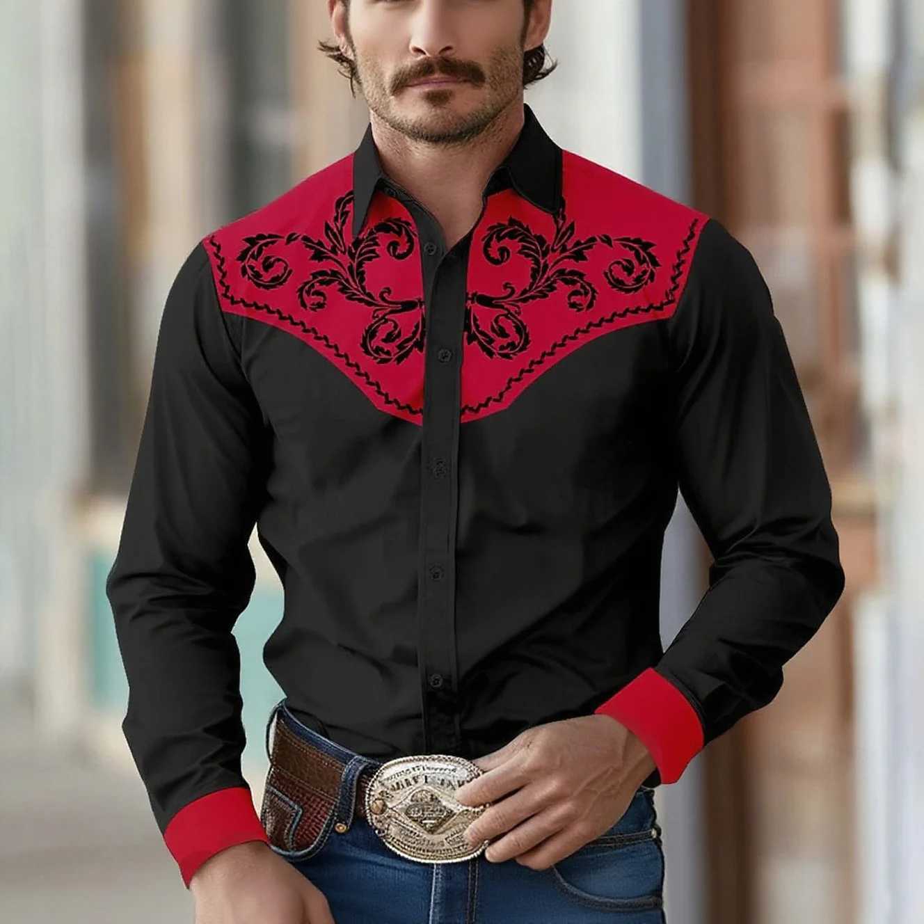 Mens ethnic style European court pattern 3D printed dark shirt long sleeve lapel retro shirt business casual fashion outdoor to M260305