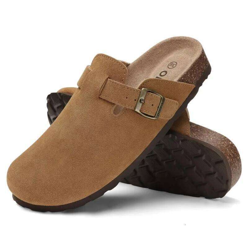 Kidmi New Genuine Cow Suede for Women Men Clogs Soft Cork Footbed Mules Leisure House Shoes with Arch Support Beach Slides