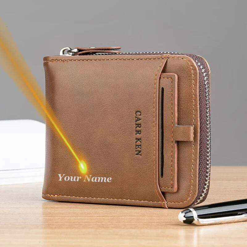 Personalised Name Zipper Bifold Leather Fashion Casual Card Short Wallet Men Window Case Purse Gift for Husband C260304
