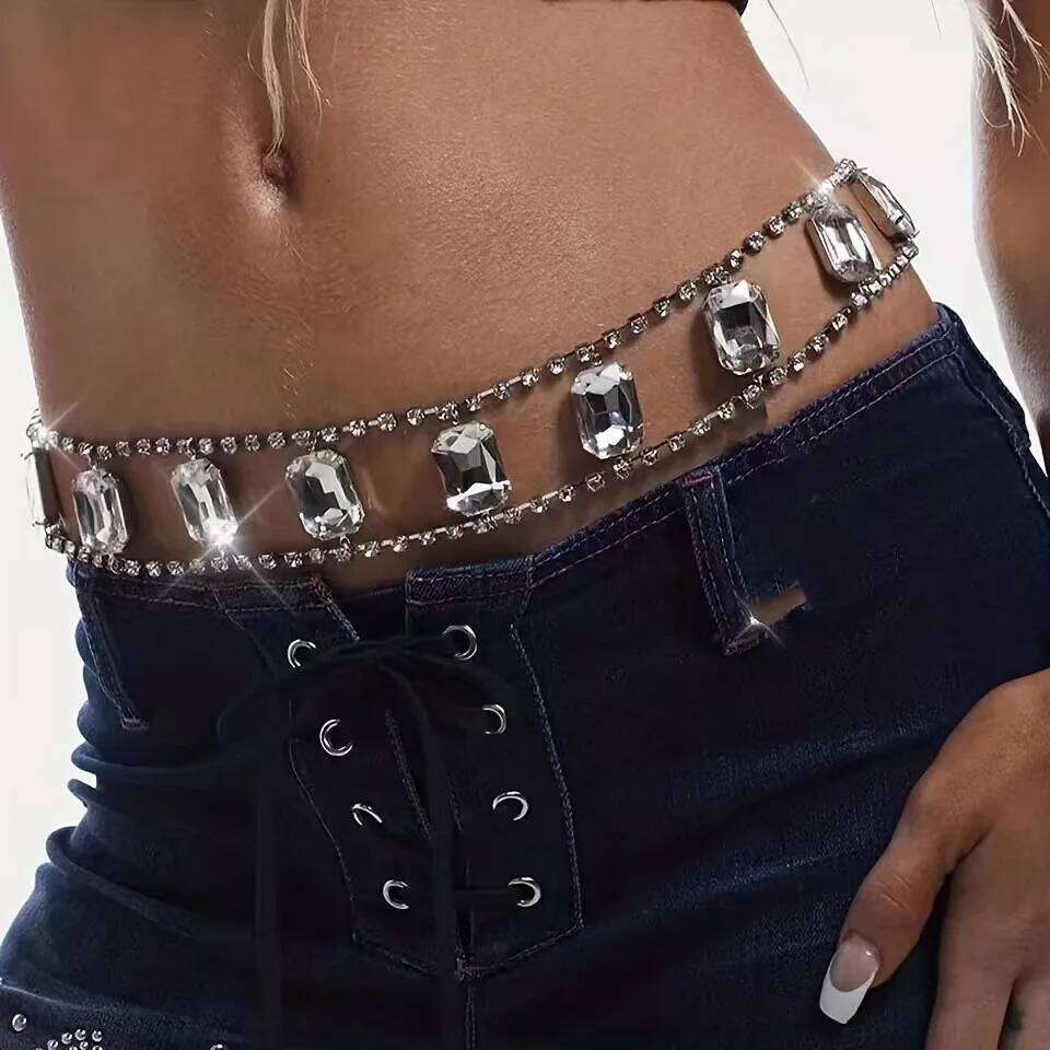 Hot selling simple and fashionable shiny large glass pendant waist chain, women's sexy super sparkling rhinestone body chain acc S260304