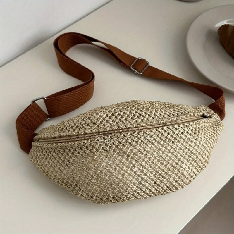 Woven Crossbody Bag Light Bohemian Waist Bag with Zipper Breathable Fabric Lining Golden Hardware Beige Brown Leather Bag 260303