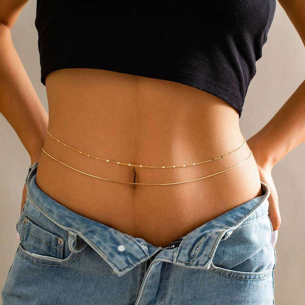 2Pcs/Set Simple Boho Smooth Snake Chain Waist Belt Sexy Lingerie Women Rhinestone Belly Body Jewelry Bikini Summer Accessories S260304 195 bc1