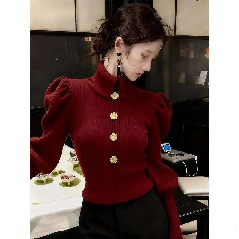 Autumn Winter Fashionable Buttons Solid Color Pullovers Ladies Temperament Slim Knitting Long Sleeve Turtleneck Sweater Top Tee XJ260305