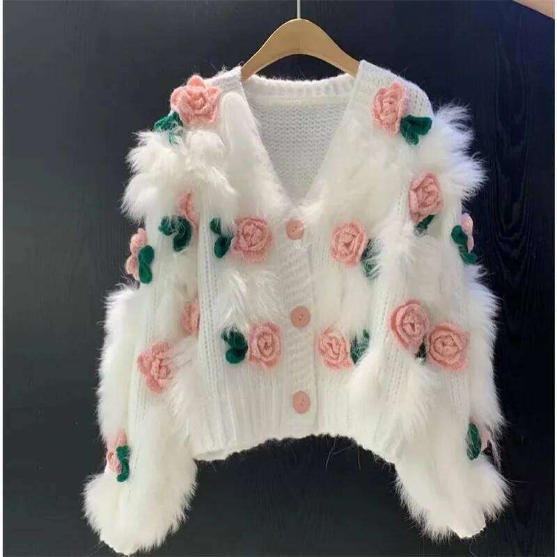 Women's New Sweet 3D Hook Flower Sweater 2025 Autumn Female loose Splicing Hairy Rose Blossoms Top XJ260305