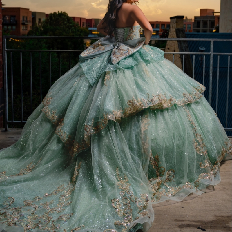 Mint Green Shiny Quinceanera Dresses Ball Gown Off The Shoulder Gold Applique Lace Beading Crystal Bow Tull Corset Party Birthday Sweet 16 Dress Vesti