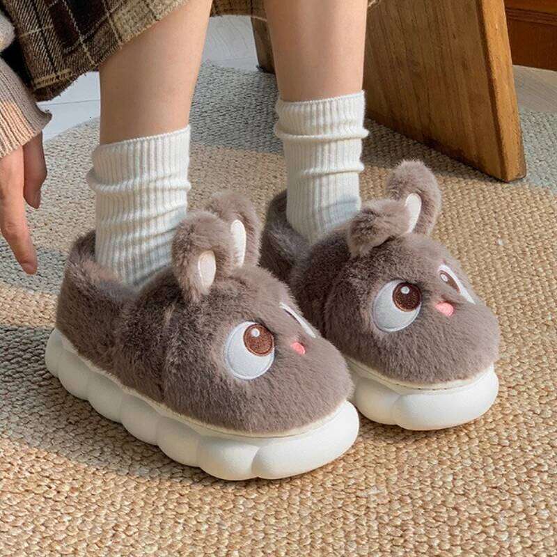 Cute Cartoon Rabbit Cotton Slippers For Women Winter House Shoes Warm Plush Thick Sole Anti-slip Female Home Floor Fluffy Slides