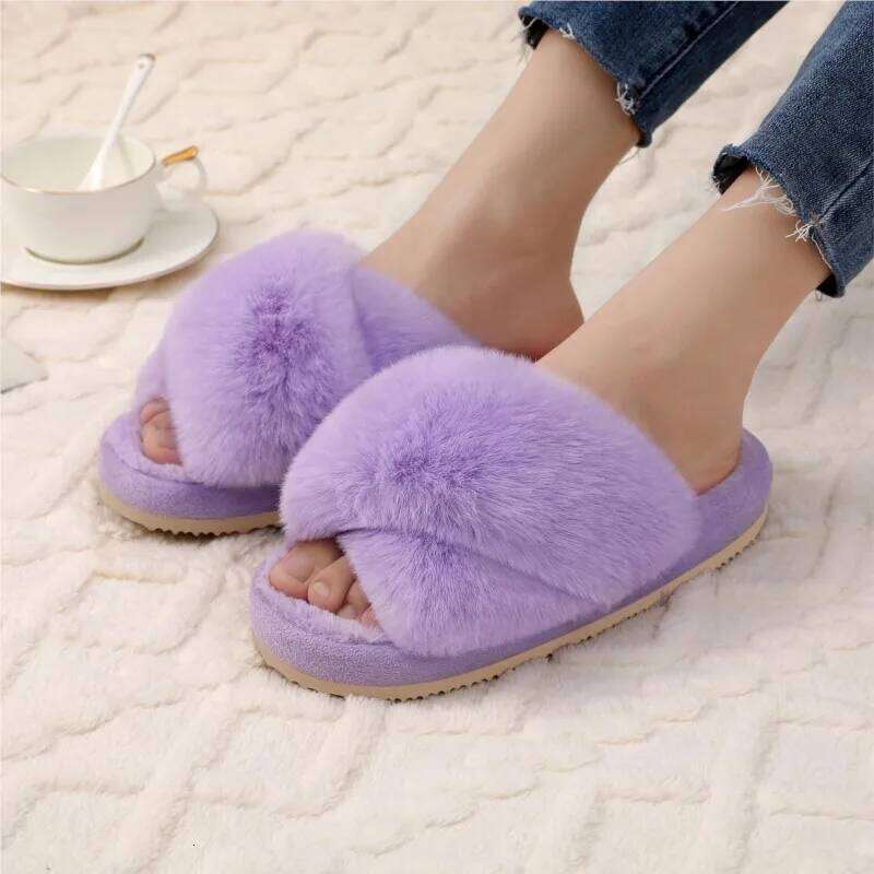 Kidmi New Fashion Fuzzy House for Women Fluffy Bedroom Warm Fur Slippers Thick Sole Cross Band Plush Shoes