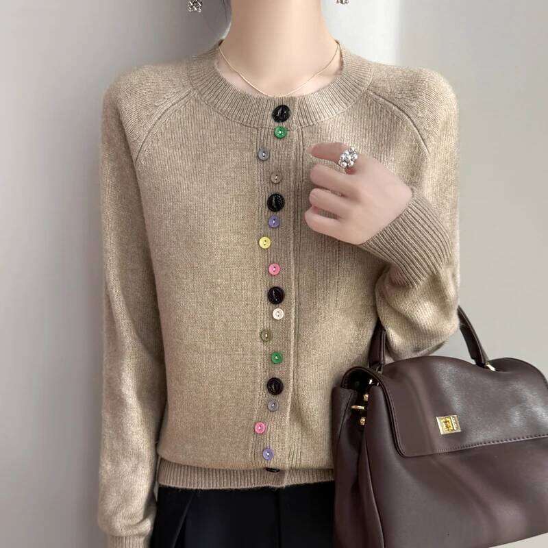 Women Merino Wool Cardigan Round Collar Sweater Coat Color Buckles Clothing Autumn Winter Long Sleeve Knitwear Bottoming Tops XJ260305