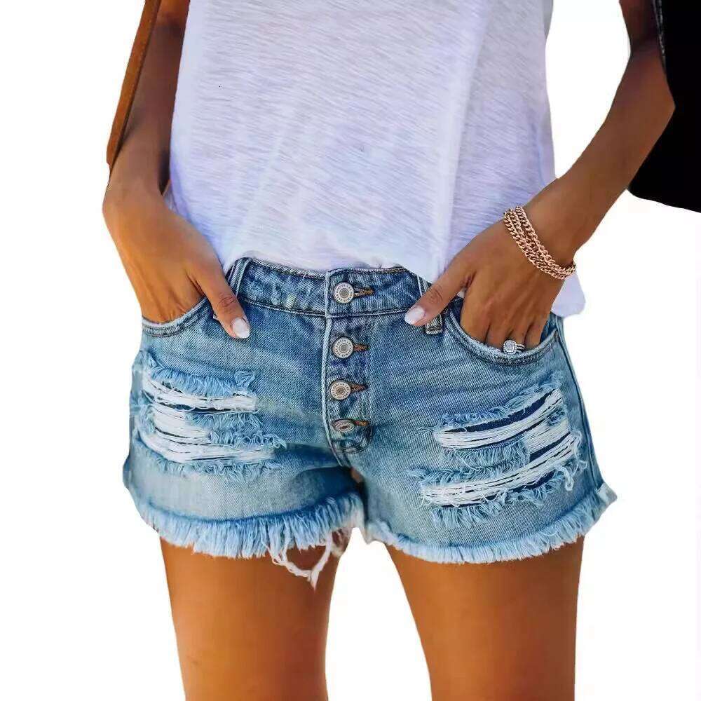 Ripped Fringed Denim Shorts Straight-breasted Women's Hot Pants 2025 Europe and America XJ260305