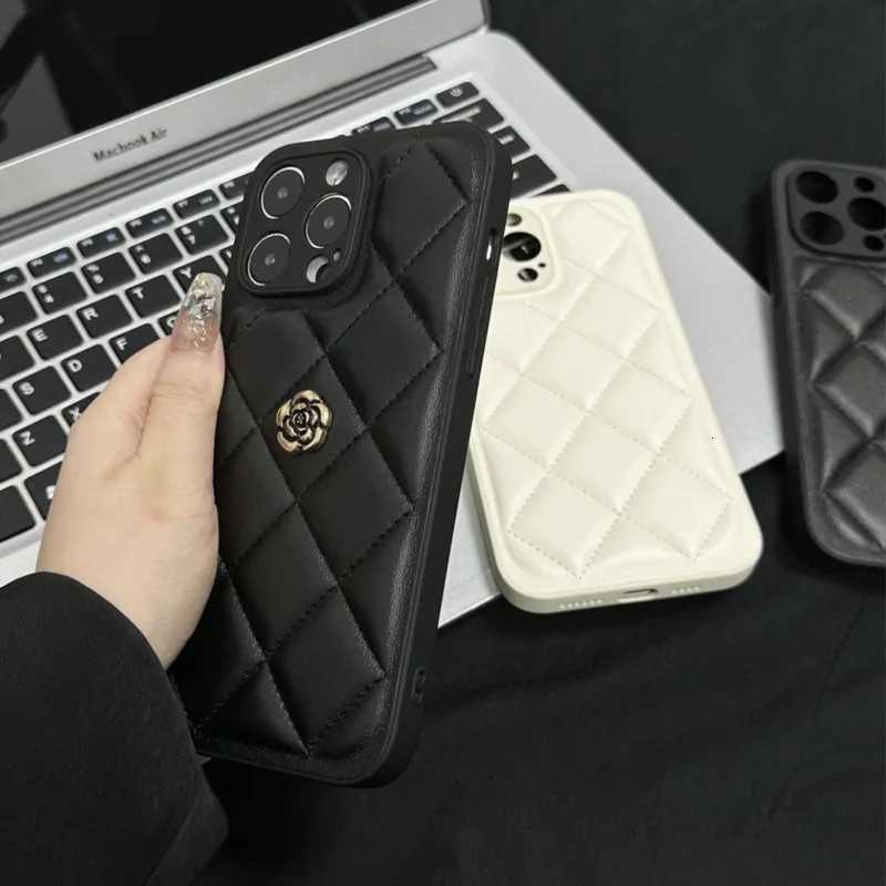 Luxury Quilted Leather Phone Case with 3D Metal Camellia For iPhone 16 15 14 13 12 Pro Max | Anti-fall Silicone Hybrid CoverT260305