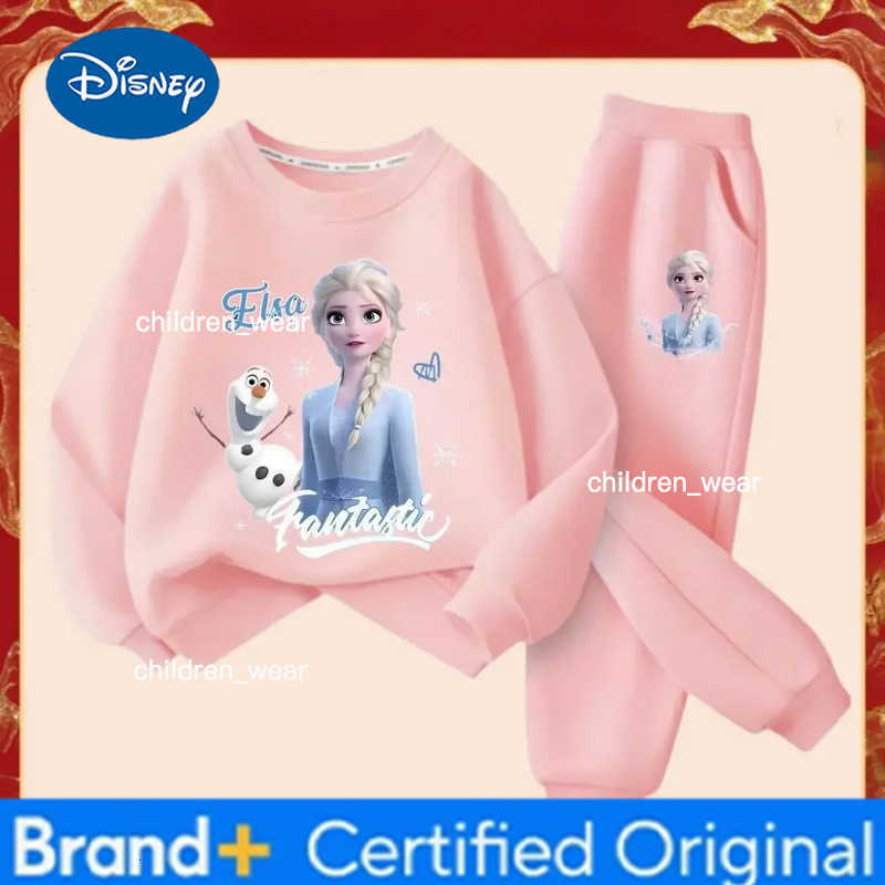 Disney Frozen Elsa Princess Girls Fashion Cartoon Printed Tracksuits Spring Kids Long Sleeve Sports Two-piece Suit Sweatshirt H260305