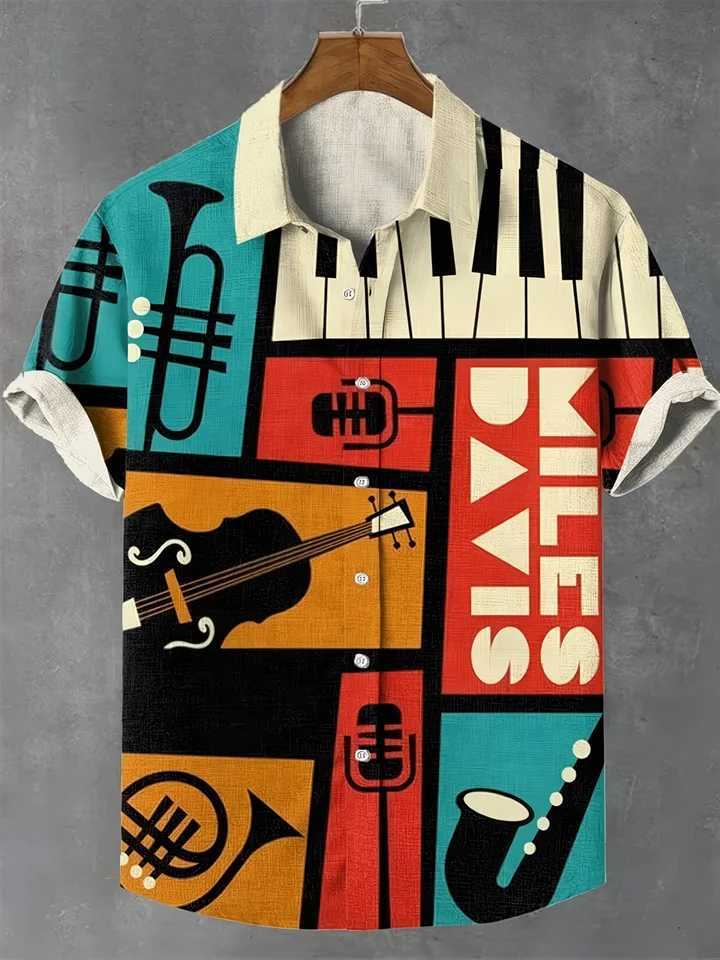 Musical instrument pattern print fashionable mens short sleeved shirt loose top outdoor street casual and comfortable M260305