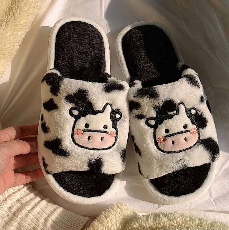 Kidmi Indoor for Women Fashionable Cute Cartoon Plush Cow Cotton Slippers Autumn and Winter Student Light Slides
