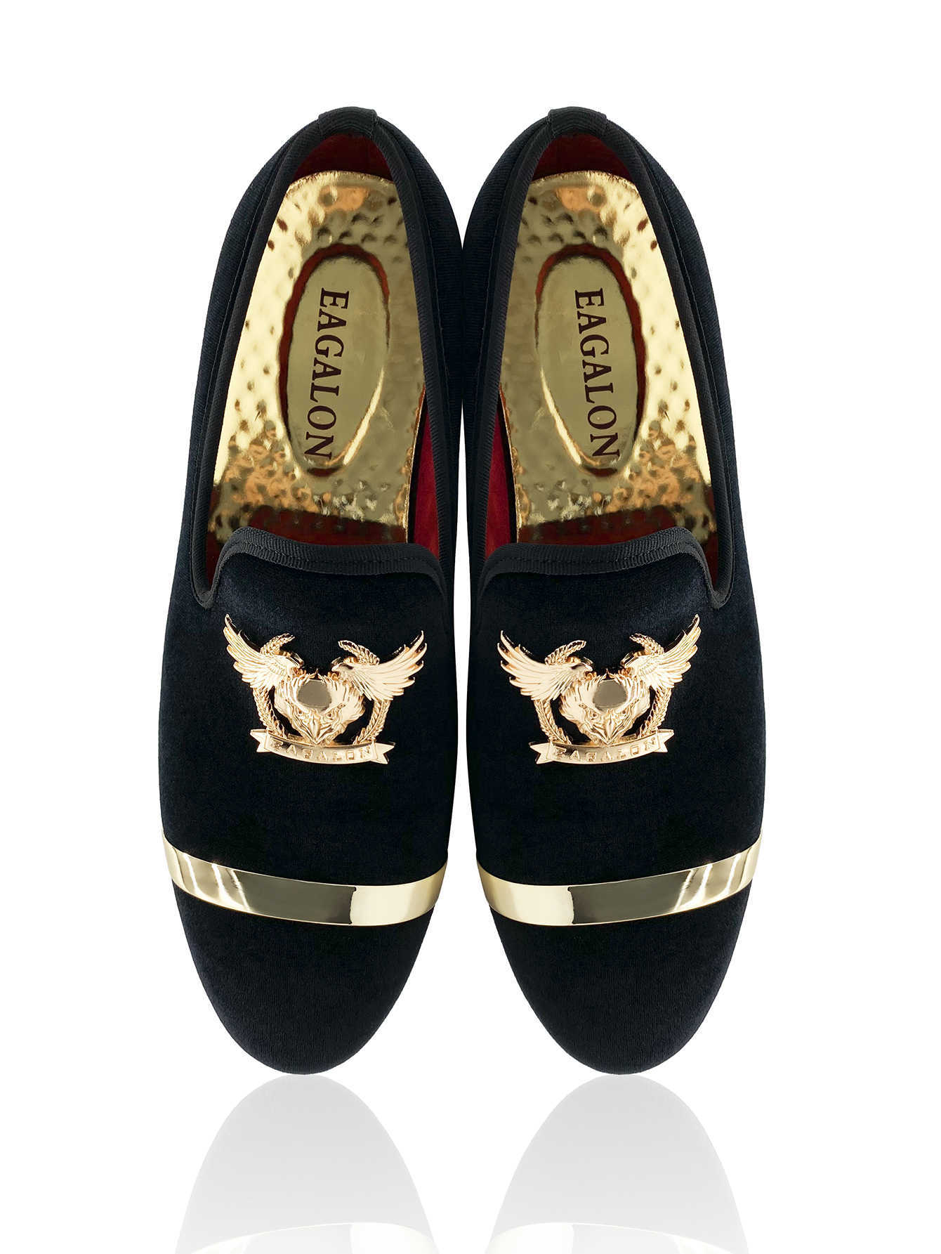 Men's Luxury Black Velvet Loafers Gold Metal Band Eagle Emblem Dress Shoes Fashion Slip-on Smoking Slippers