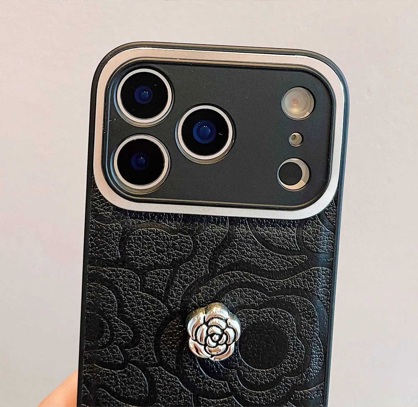 Luxury Camellia Embossed Phone Case with Pearl Chain & Lens Protector For iPhone 17 Pro Max 16 15 14 13 12 Air | Premium Leather CoverT260305