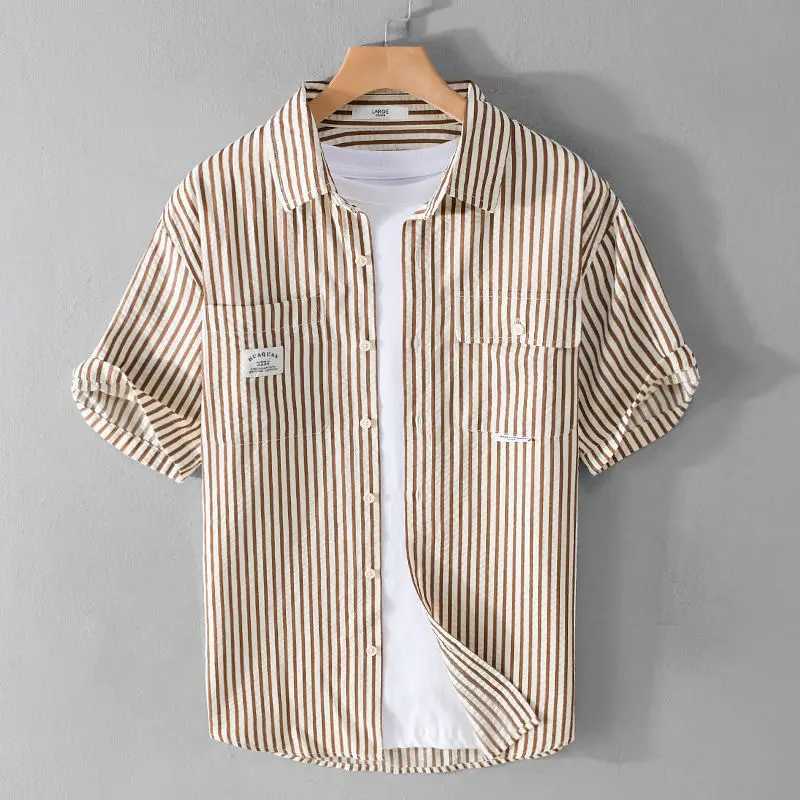 Summer Striped Double Pocket Short-sleeved Mens Chic Shirt Loose Bubble Texture Simple and Versatile Young Retro Mens Shirt M260305