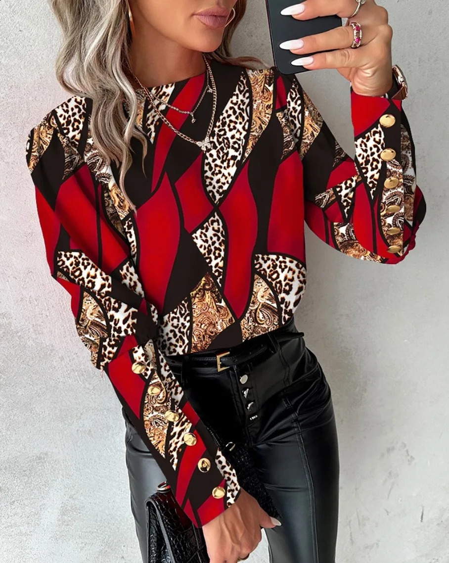 Autumn and winter fashionable printed long sleeved love style round neck button up blouse shirt for women 260228