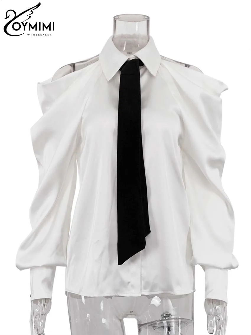 Oymimi Elegant White Patchwork Womens Shirt Fashion Lapel Long Sleeve Shirts Casual Necktie Off The Shoulder Button Blouses 260228