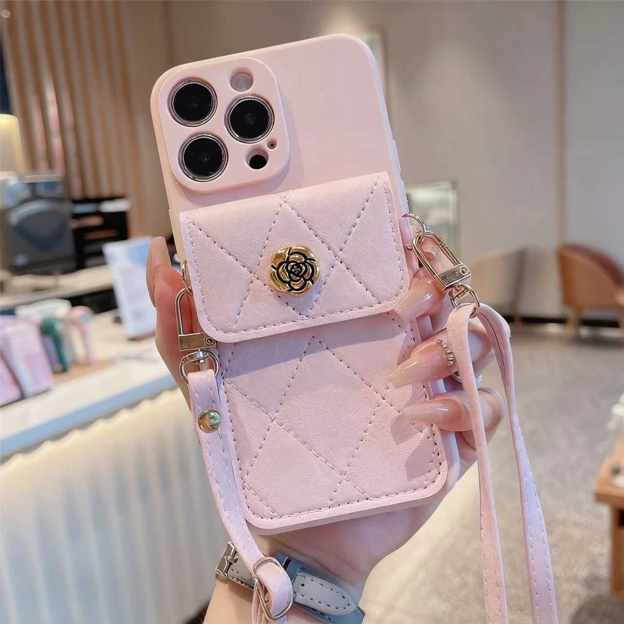 Luxury Camellia Quilted Wallet Crossbody Lanyard Phone Case For iPhone 6 7 8 Plus 6s X Xs Max Xr SE | TPU Leather Card Holder CoverT260305