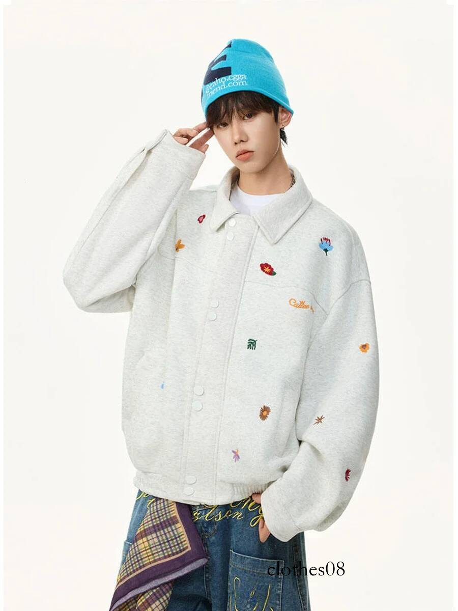 Floral Embroidered Fleece Lined Casual Collar Jacket Men's Spring New Style Comfortable Wearing Leisure Workwear Coat
